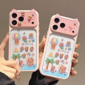 Sanrio | Cute 3D Cat Ears Beach Hello Kittty Lens Protection Phone Case For iPhone 17 Pro Max 16 15 Pro Max Shockproof Hard Acrylic Cover