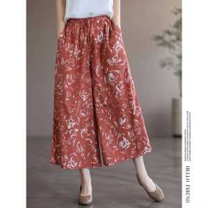 Retro Ethnic Style Wide Leg Cotton Red Casual Pants Nine Points Loose Waist Floral Embellished Trousers for Women