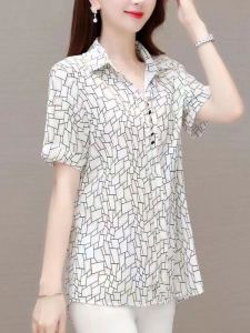 HUAXUNRAN | Summer New Design Maternity Trendy Reviving Turn-down Collar Printed Short Sleeve Big Size Loose Top