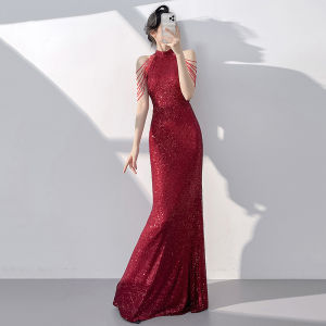 Summer Halter Shoulder Fringe Sequin Mermaid Dress for Engagement