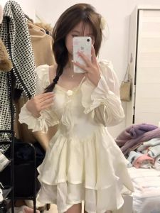 สไตล์ฝรั่งเศส สีขาว เจ้าหญิงแขนยาว กระโปรง สั้น เดรส พรางหุ่น รอบเอวสําหรับสาวน้อย ฤดูใบไม้ร่วง นางฟ้าหลบหนี เดรส ซิป