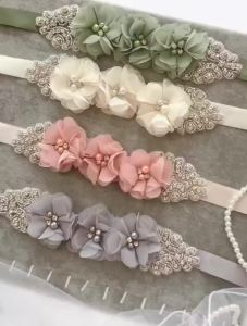 Pearl Rhinestone Chiffon Fabric Flower Bride Belts with Long Polyester Ribbon Girls Wedding Sashes Floral Belt Dress Decor