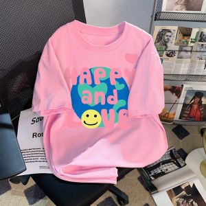 Summer Dopamine Girls Fashion Pink Pure Cotton Short Sleeve T-shirt Womens Loose Versatile Top 2025 New Style Commute Creative Cartoon