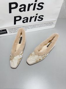 Retro Embroidered Faux Fur Low Heel Soft Bottom Single Shoes Womens Large Size Autumn Winter New Style Chinese Style Flats