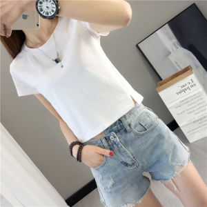 Pure Cotton Short-Sleeved Womens Summer High Waist Short Pure Cotton T-shirt White Split Tops Net Version Small Shirt Short Shipment