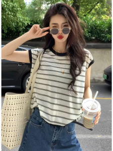 YUEZHONGWEI | Color Block Striped Round Neck Ice Silk Knitted Short Sleeve T-Shirt Women Summer Slim Fit Fleece Upper Body Korean Style Commute