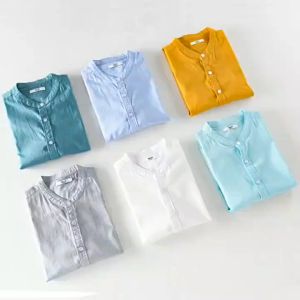 Plain Cotton and Linen Business Casual Tops Breathable Stand collar Short sleeves Shirts