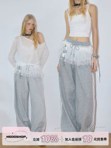 Quần Ống Đứng Lưng Cao Rộng Rãi Màu Xám Cho Nữ Mùa Thu Đông Quần Nỉ Kẻ Sọc Quần Ống Rộng Quần Thường Ngày