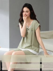 Miiow | Pure Cotton Antibacterial Sleeveless Pajamas Womens Home Clothes Set Large Size Fat MM Ladies Short Pants Summer Nightgown