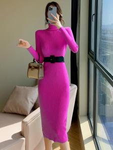 Elegant High Collar Knitted Dress Womens Autumn Winter New Slim Fit Waist Cinching Sweater Dress Long over Knee Base Layer Skirt