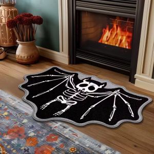 VIKAMA Halloween Bat Skeleton Shaped Doormat Gothic Skull Pattern Non Slip Floor Mat For Entryway Indoor Holiday Home Decor