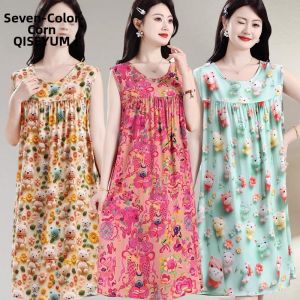 Lightweight Artificial Cotton Sleeveless Midi Dress Summer Sleepwear for Women Comfortable Breathable round Neckline Loose Fit