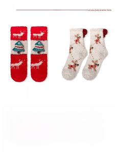 JINGCHI | Red Coral Fleece Mid-Calf Socks Womens Autumn Winter Warm Creative Decoration Lucky Year Gift Cartoon Sweet Style Thickened Polyester