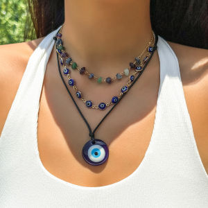 KunJoe Bohemia Turkish Lucky Eye Pendant Necklace for Women Natural Stone Beaded Choker Jewelry On The Neck Collar Girls Y2K New