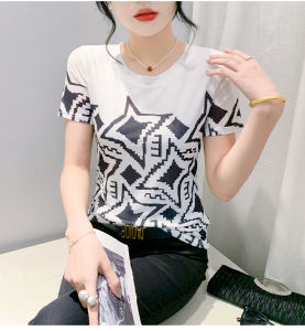 REHIN High Elastic Mesh Short Sleeve T-Shirt Summer Fashionable Printed Round Neck Slim Fit Elegant Womens Top