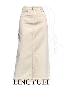 กระโปรงยีนส์ทรงเอเอวสูงสีน้ำตาลสำหรับผู้หญิงไซส์ใหญ่ ฤดูใบไม้ผลิและฤดูใบไม้ร่วง กระโปรงทรงเอยาวปานกลาง สไตล์เรโทร สไตล์ลำลอง กระโปรงทรงเอเปิดข้าง