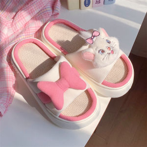 Sweet Linen Slippers Thin Stripes Home Leisure Cartoon Style Womens Slip-On Shoes Anti-Slip Floor Shoes Comfortable Spring Summer