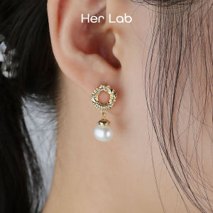 Her Lab Jewelry | Bông tai thả ngọc trai nước ngọt cổ điển-đồ trang sức thanh lịch thiết kế hình tròn kết cấu mạ vàng cho nữ