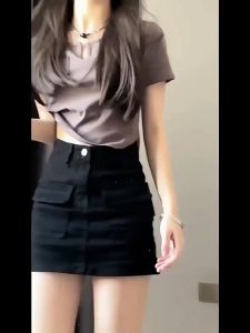 S-6XL rok denim elastis rok denim pinggang tinggi Rok denim dengan belahan samping retro