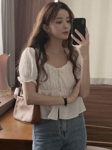 South Korea Chic Summer Sweet and Simple Retro Design Lace Stitching Tied Square Collar Puff Short Sleeve Shirt for Women