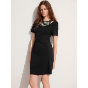 Elle Fancy Patchwork Contrast Color Stripes Dress Female 2024 Summer New Arrival Waist-Tight Slim Looking Hollow-out Dress