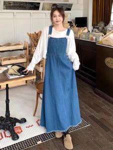 ชุดเดรสยาวผ้าเดนิมสีน้ำเงินสไตล์เกาหลีสำหรับผู้หญิงไซส์ใหญ่ ชุดฤดูร้อนปี 2025 ชุดเดรสยาวคลุมหน้าท้องช่วยลดน้ำหนัก
