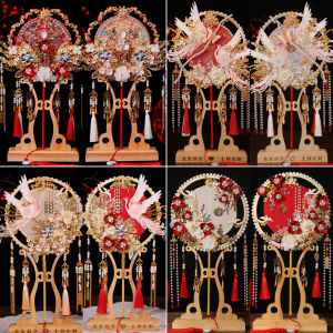 Wedding Bride Circular Fan Chinese Double-Sided Two-Color Long Handle Wedding Fan Xiuhe Wedding Fan DIY Material Package Handmade