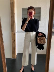 High Waist Straight Leg Denim Jeans Womens Autumn Loose Slim Fit Elastic Wide Leg Pants Khaki Color Casual High Waist Jeans