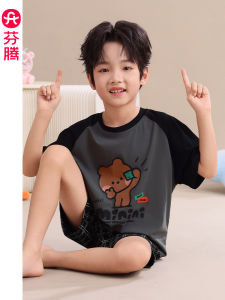 FenTeng Kids Summer Sleepwear Pure Cotton Cool Feeling Short Sleeve Brown Bear Set Boys Home Clothes Breathable Comfortable