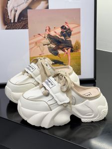 Trendy Half Slippers Womens Outdoor Wear Light Thick Bottom Platform No Heel Dad Shoes Casual Cowhide Upper Rubber Sole