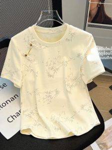 เสื้อยืดคอกลมแขนสั้นทรงหลวมสไตล์จีนสำหรับผู้หญิง ฤดูร้อน 2025 ทรงเข้ารูป เสื้อตัวบนอเนกประสงค์ ผ้าฝ้ายผสมโพลีเอสเตอร์