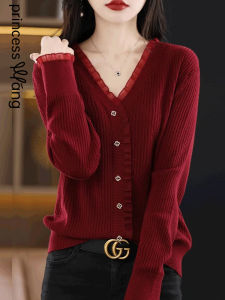 WANGGONGZHU | Lace Base Layer Shirt Womens Loose V-neck Knitted Sweater Autumn Winter New Style Fashionable Inner Wear Korean Style Princess