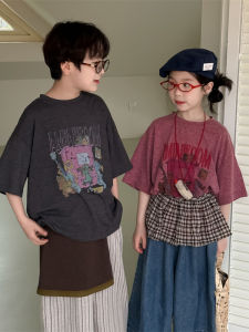 Childrens Cartoon Animal Theme Loose Fit round Neck Short Sleeve T-Shirt Casual Korean Style Summer New Fashion for Boys And Girls