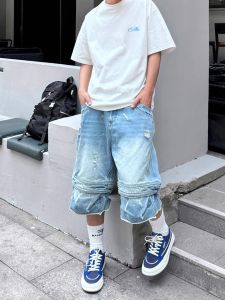 Retro American High Street Mens Denim Shorts Patchwork Design Loose Wide Leg Seven-Foot Jeans Casual Straight Cut Jeans