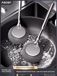 ASCOR | Durable No-Shed Pot Scrubber Long Handle Steel Wool Cleaning Brush