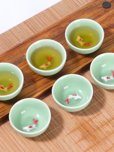 Chinese Ceramics Green Porcelain Gongfu Tea Set Single Creative Small Cup Home Use Three Dimensional Little Fish Carp Drinking Cup