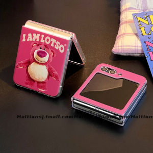 Hai Tian น่ารักการ์ตูนสตรอเบอร์รี่หมีเคสโทรศัพท์ Anti-Fall Protection เหมาะสําหรับ Samsung ZFlip5/4/3 หน้าจอพับได้ OPPO N2/N3 พลิก P50 กระเป๋าสร้อยข้อมือ 2nd Gen Pocket2