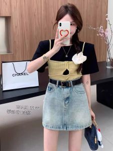 กระโปรงยีนส์ทรงเอเอวสูงสไตล์เกาหลีสำหรับผู้หญิงในช่วงฤดูร้อนปี 2024 พร้อมกระเป๋าและซิป กระโปรงสั้นทรงเอเข้ารูป