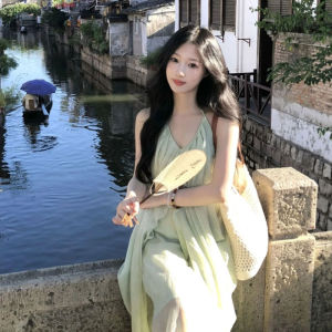 Sweet Beach Vacation Style V-Neck Halter Dress Summer 2026 Womens Fashion Gentle Wind Long Dress Comfortable Loose Waist