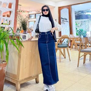 Rok Jeans slim Wanita Denim Skirt Panjang Super Jumbo Pinggang Karet high waist Terbaru Kayla Kiddoz