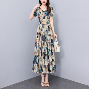 Impression Fashion Store: Women's Elegant Chiffon V-neck Short Sleeve Floral Slim High Waist A-line Midi Pleated Dress Plus Size