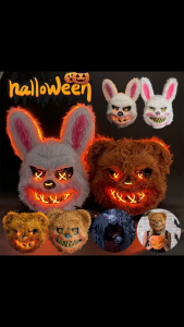 Halloween LED Bloody Plush Bunny Mask with LED Lights Halloween Horror Bloody Rabbit Bear Props Cosplay Costume Party Decoration
