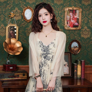 เสื้อคาร์ดิแกนผ้าชีฟองสไตล์ฝรั่งเศสสำหรับผู้หญิงในช่วงฤดูร้อน เสื้อคลุมแขนกุดแบบบาง กางเกงขาสั้น ผ้าโปร่ง แขนกุด เสื้อคลุมผู้หญิง