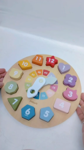 Wooden Learning Clock Toy 4-in-1 Colour Shape Number Matching for Children 3Y+