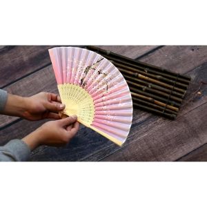 Quạt cổ phong xám sen xếp nhỏ gọn cầm tay quà tặng xinh xắn phong cách Trung Quốc vải lụa in hoa trang nhã ESTLA