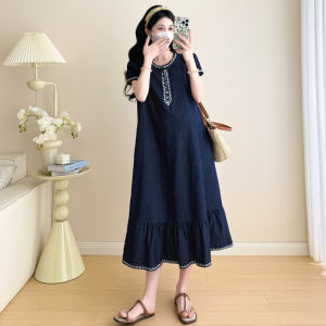 Đầm Mang Thai Đenim Tencel Thêu Retro Thời Trang