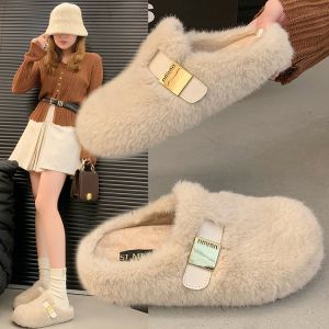 Thick Sole Outdoor Fluffy Shoes 2024 Autumn and Winter Wild New Arrival Small Stuffed Flats Female Slip-on Gommino Female