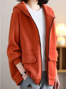New Womens Hooded Jacket Simple Artistic Casual Versatile Loose Slimming Large Size Korean Style Coat Pocket Handkerchief