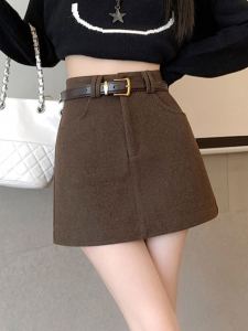 Caramel Woolen Winter Skirt High Waist Thickened Womens Mini A-Line Skirt Bodycon Short Style for plus Size Ladies