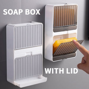 No Drill Soap Holder Organizer with Drain and Cover Wall Mounted Soaps Case Boxes Leakproof Soap Container for Bathroom GYM Traveling Camping